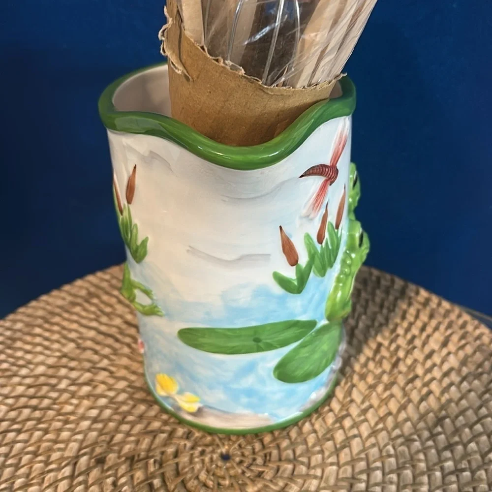 New Frog Hand Painted Ceramic 7 Wooden Kitchen Accessories Set 8.5” Tall